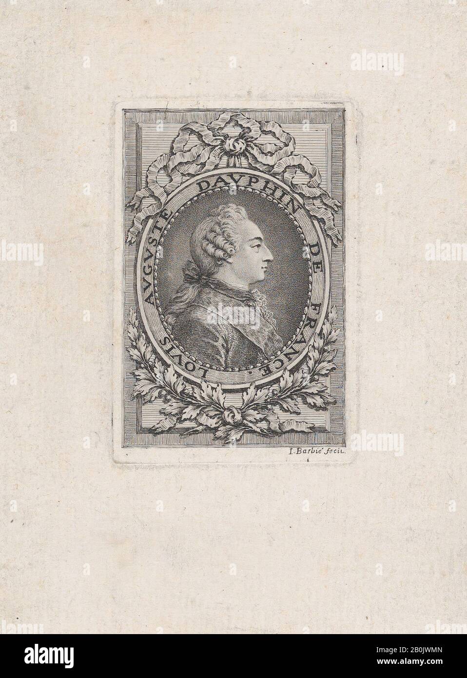 Jacques Barbié, Portrait of Louis Auguste, Heir Apparent of France, Jacques Barbié (French, Paris 1735-1779 Paris), 1779, Etching; very rare, Sheet (trimmed): 4 15/16 - 3 11/16 in. (12.5 - 9.4 cm), Plate: 2 11/16 - 1 7/8 in. (6.9 - 4.7 cm), Prints Stock Photo