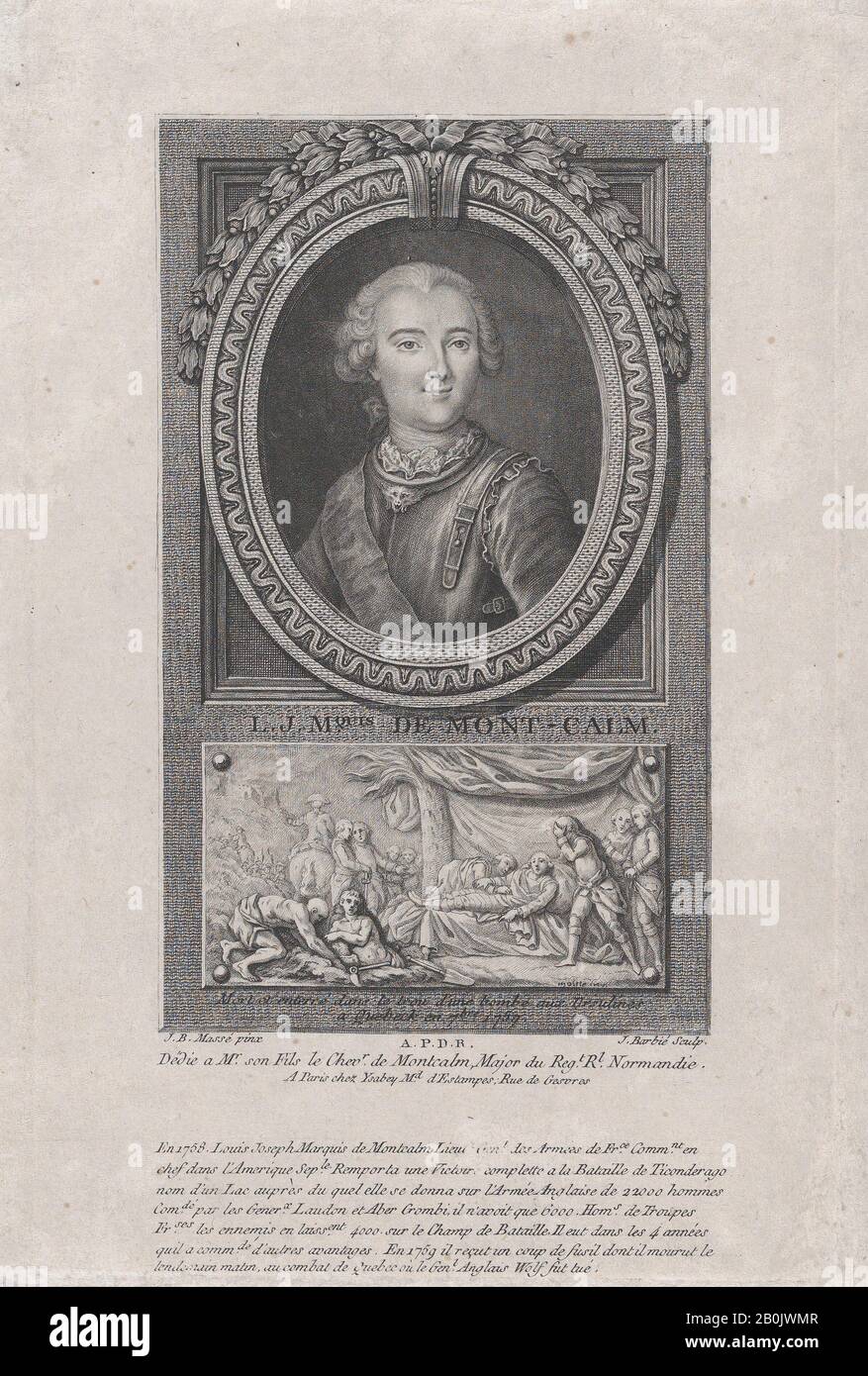 and engraver Jacques Barbié, Portrait of L. J. Marquis de Mont-Calm, After Jean-Baptiste Massé (French, Paris 1687–1767 Paris), 1781, Etching and engraving, Sheet (trimmed): 8 9/16 × 5 13/16 in. (21.7 × 14.8 cm), Prints Stock Photo