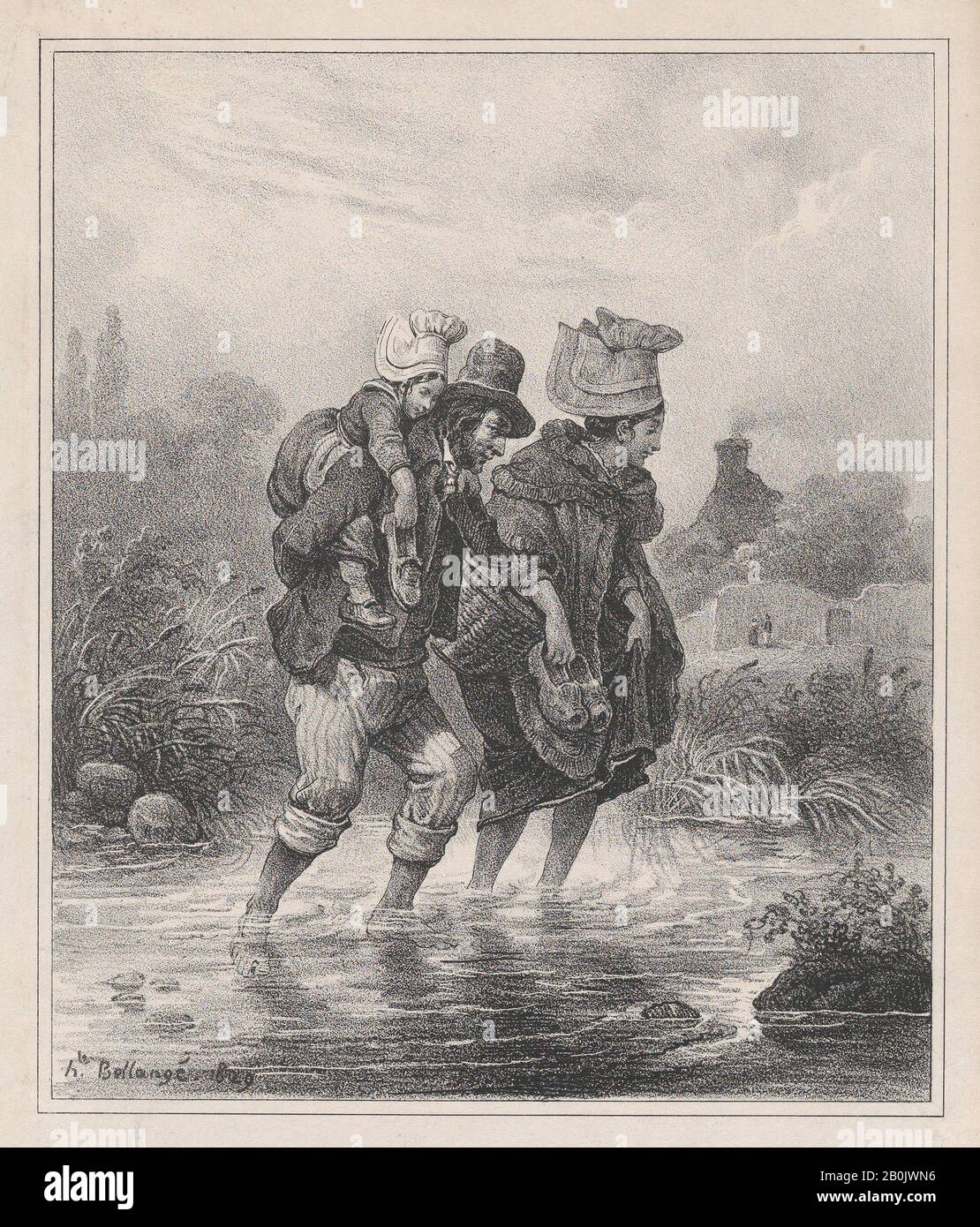 Hippolyte Bellangé, Man, Woman and Child Crossing a Stream, Hippolyte Bellangé (French, 1800–1866), 1829, Lithograph, Sheet: 7 3/8 × 6 5/16 in. (18.7 × 16 cm), Image: 6 1/2 × 5 7/16 in. (16.5 × 13.8 cm), Prints Stock Photo