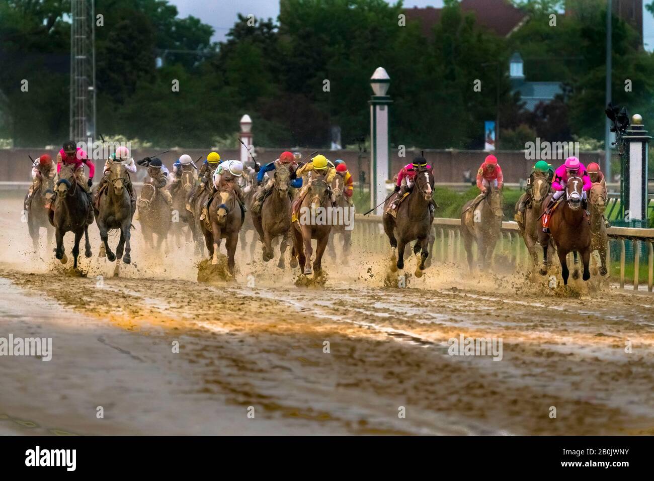 Maximum Security, ridden by Jockey Luis Saez leads the pack toward the finish line of the 145th running of The Kentucky Derby on May 4, 2019 at Churchill Downs in Louisville, Kentucky. Stock Photo