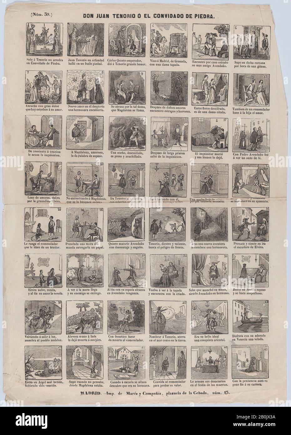 José María Marés, Broadside with 48 scenes relating to Don Juan Tenorio or the Stone Guest, ca. 1860–1870, Wood engraving, Sheet: 17 1/8 × 12 3/16 in. (43.5 × 31 cm), Prints Stock Photo