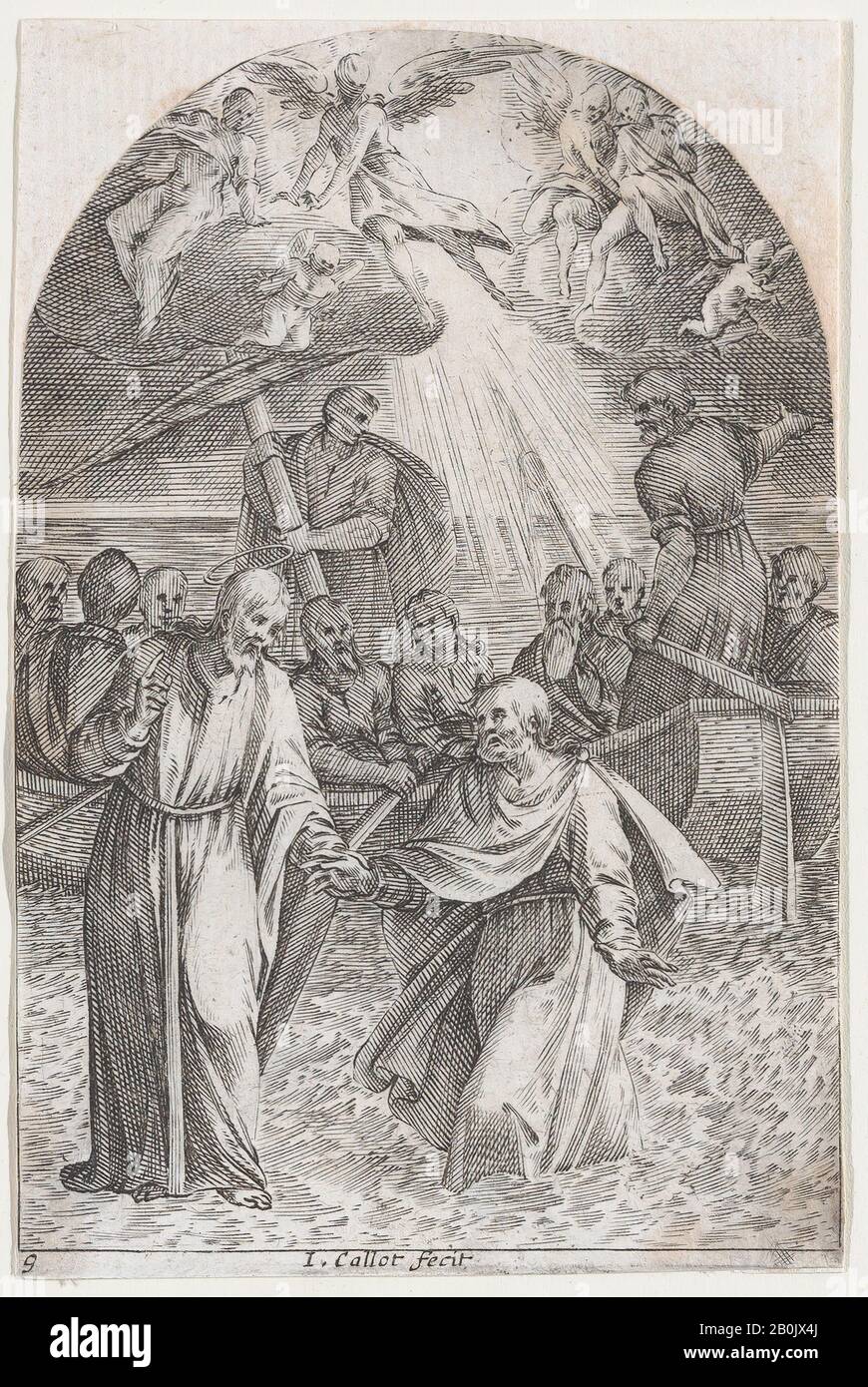 Jacques Callot, Christ Walking on Water, Holding the Hand of St. Peter (Second Composition), from Les Tableaux de Rome, Les Eglises Jubilaires (The Paintings of Rome, The Churches Jubilee), plate 9, Les Tableaux de Rome, Les Eglises Jubilaires, Jacques Callot (French, Nancy 1592–1635 Nancy), 1607–11, Engraving; second state of three (Lieure), Sheet: 4 3/8 x 2 15/16 in. (11.1 x 7.4 cm), Prints Stock Photo