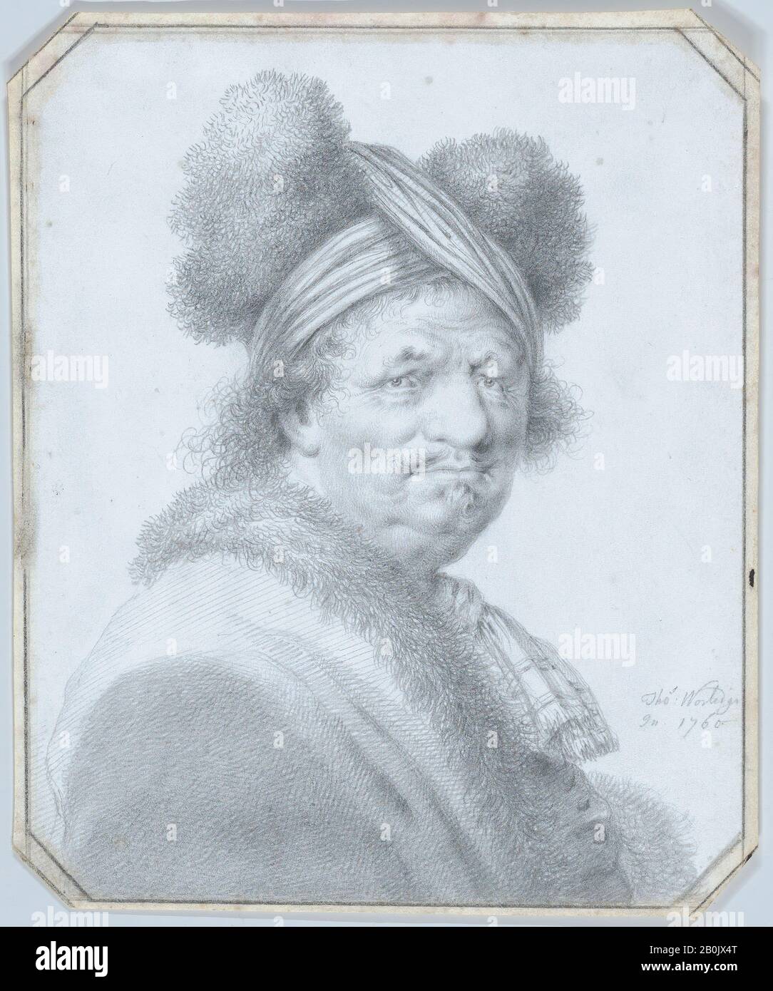 Thomas Worlidge, Portrait of a Gentleman Dressed in Furs, Thomas Worlidge (British, Peterborough 1700–1766 Hammersmith), 1760, Graphite on vellum, Sheet: 7 3/16 × 5 7/8 in. (18.2 × 15 cm), Drawings Stock Photo