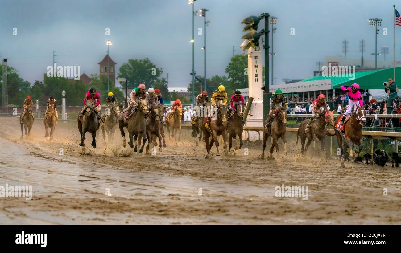 Jockey Luis Saez drives the #7 Horse celebrates winning, then is disqualified for impeding the path of other horses. Country House and jockey Flavien Prat named the winner at the 145th running of the Kentucky Derby on May 4, 2019 at Churchill Downs in Louisville, Kentucky. Stock Photo