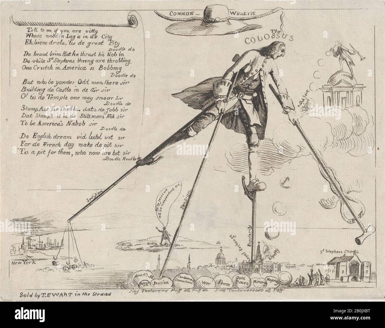 Anonymous, British, 18th century, Common-Wealth, The Colossus, Anonymous, British, 18th century, William Pitt, 1st Earl of Chatham (British, 1708–1778), 1766, Etching, sheet (trimmed to plate line): 6 15/16 x 9 1/16 in. (17.7 x 23 cm), Prints Stock Photo