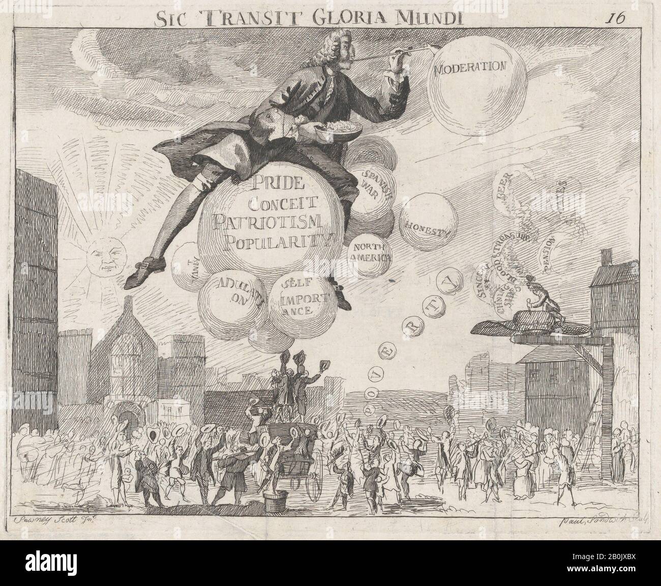 Paul Sandwich [pseudonym], Sic Transit Gloria Mundi, Paul Sandwich [pseudonym] (British, active ca. 1762), After Sawney Scott [pseudonym] (British, active ca. 1762), William Pitt, 1st Earl of Chatham (British, 1708–1778), ca. 1762, Etching, plate: 6 15/16 x 8 7/16 in. (17.7 x 21.5 cm), sheet: 7 13/16 x 10 13/16 in. (19.8 x 27.4 cm), Prints Stock Photo