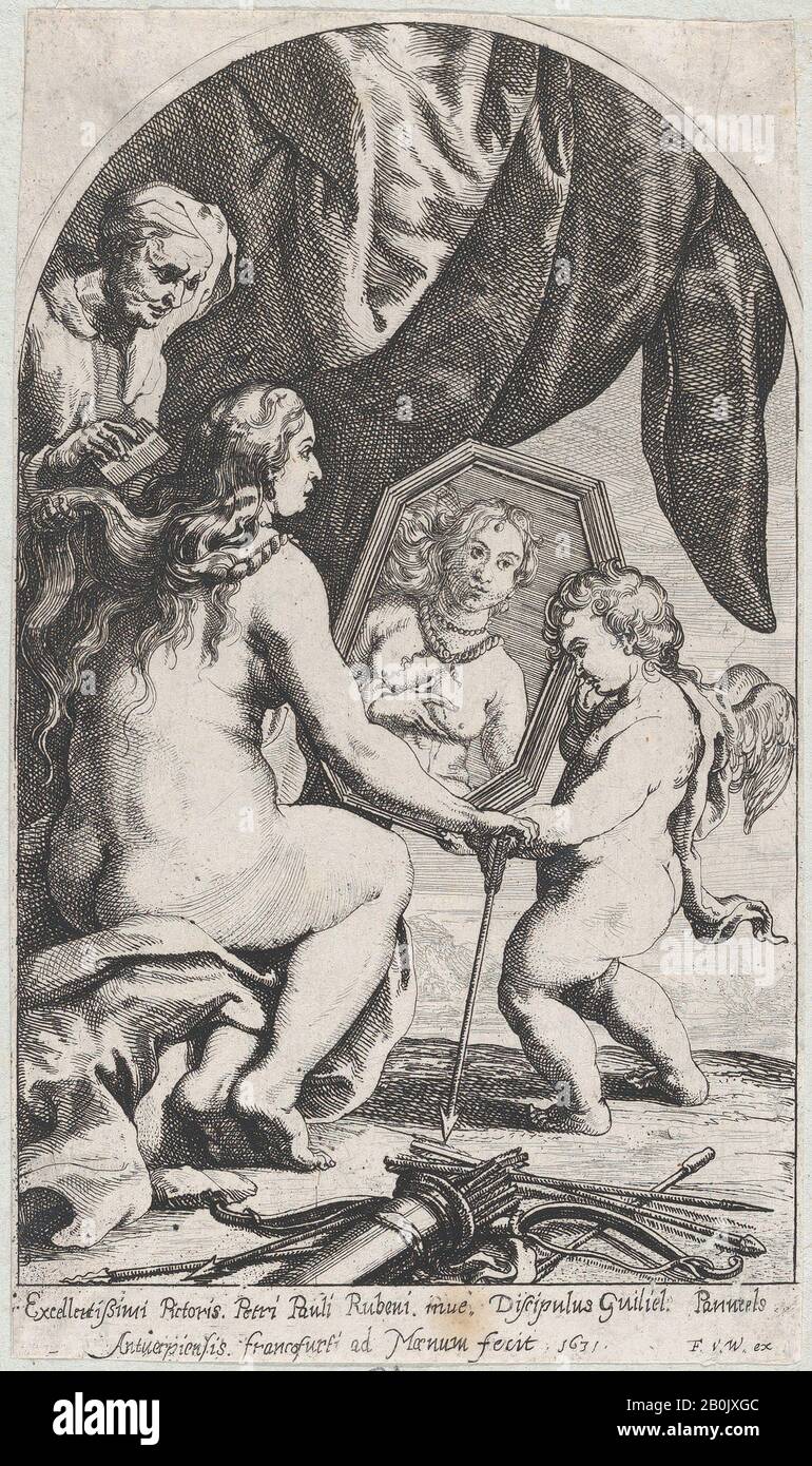 Willem Panneels, Venus before a mirror held by Cupid while her hair is combed by an old woman, Willem Panneels (Flemish, ca. 1600–after 1632), After Peter Paul Rubens (Flemish, Siegen 1577–1640 Antwerp), 1631, Etching; second state of two (Hollstein), Sheet (Trimmed): 6 1/2 × 3 13/16 in. (16.5 × 9.7 cm), Prints Stock Photo