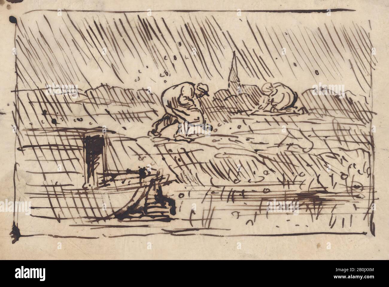 Charles-François Daubigny, Gleaners in the Hail, Charles-François Daubigny (French, Paris 1817–1878 Paris), 1862, Pen and ink on tracing paper, Sheet: 4 3/4 × 7 1/16 in. (12 × 18 cm), Drawings Stock Photo