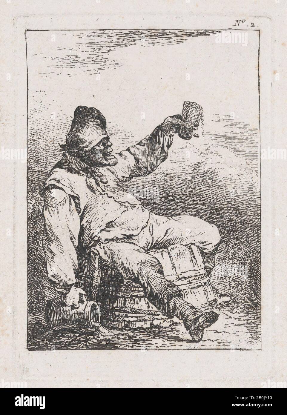 Philippe Jacques de Loutherbourg, Drunkard Lifting a Beer, Second Suite of Figures, no. 2, Philippe Jacques de Loutherbourg (French, Strasbourg 1740–1812 London), 1755–71, Etching, Sheet: 5 3/16 × 3 3/4 in. (13.2 × 9.5 cm), Prints Stock Photo