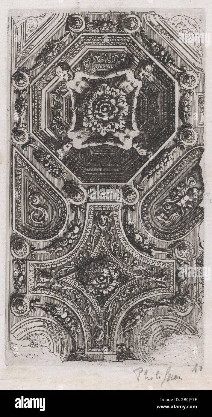 Attributed to Jacques LePautre, Ceiling Design, pl. 40, Curieuses recherches de plusieurs beaus morceaus d'ornemens antiques et modernes, Attributed to Jacques LePautre (French, ca. 1653–ca. 1684), After Adam Philippon (French, active 1640–50), 1645, Etching, Plate: 9 3/16 x 5 1/8 in. (23.3 x 13 cm), Sheet: 11 1/8 × 7 9/16 in. (28.2 × 19.2 cm Stock Photo