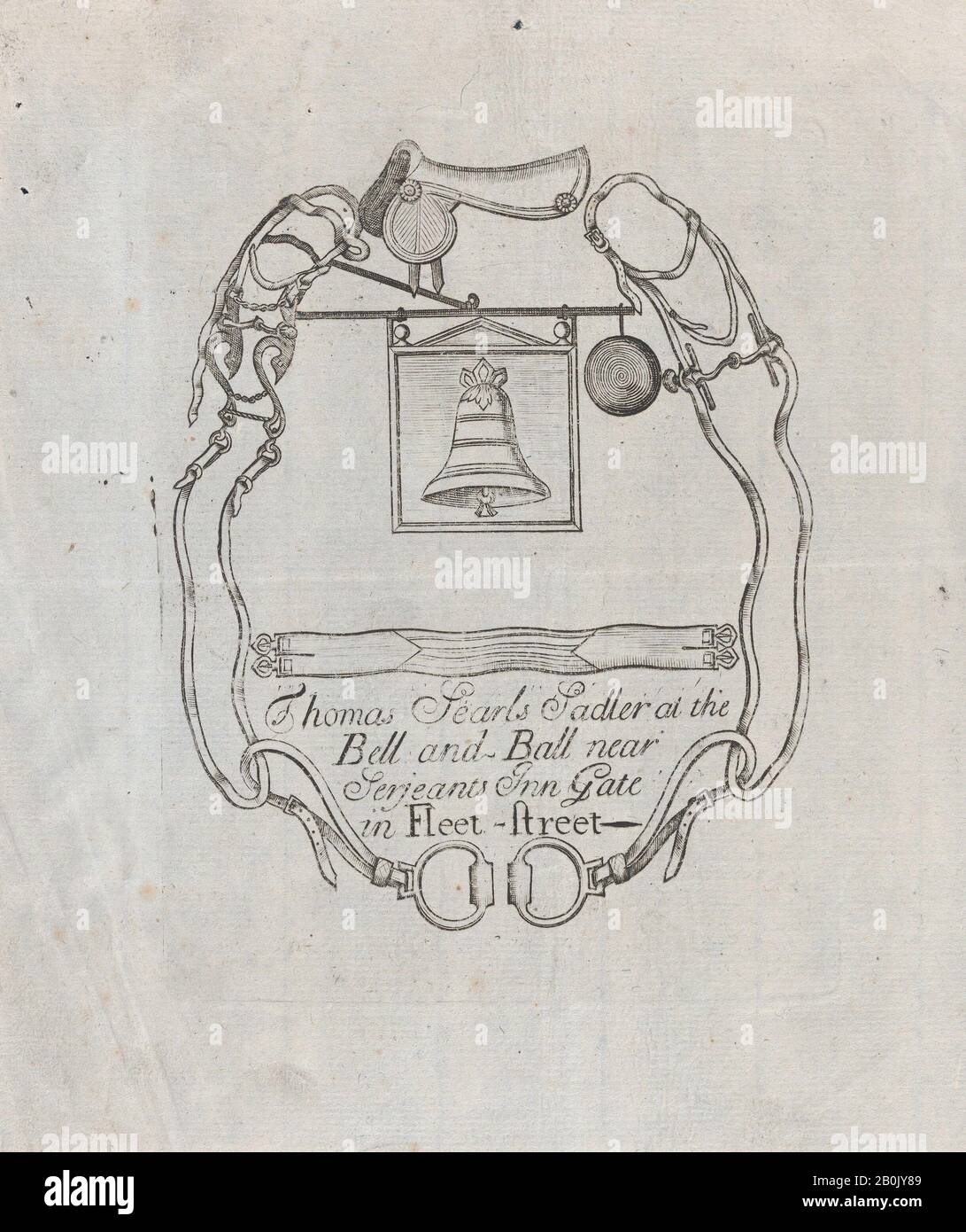 Thomas Searls, Trade Card of Thomas Searls, Sadler at the Bell and Ball, Fleet Street, Thomas Searls (British, active London ca. 1690–1730), ca. 1700–1720, Engraving, Sheet: 9 1/16 × 6 3/4 in. (23 × 17.2 cm), Plate: 7 1/4 × 5 1/16 in. (18.4 × 12.8 cm), Prints Stock Photo