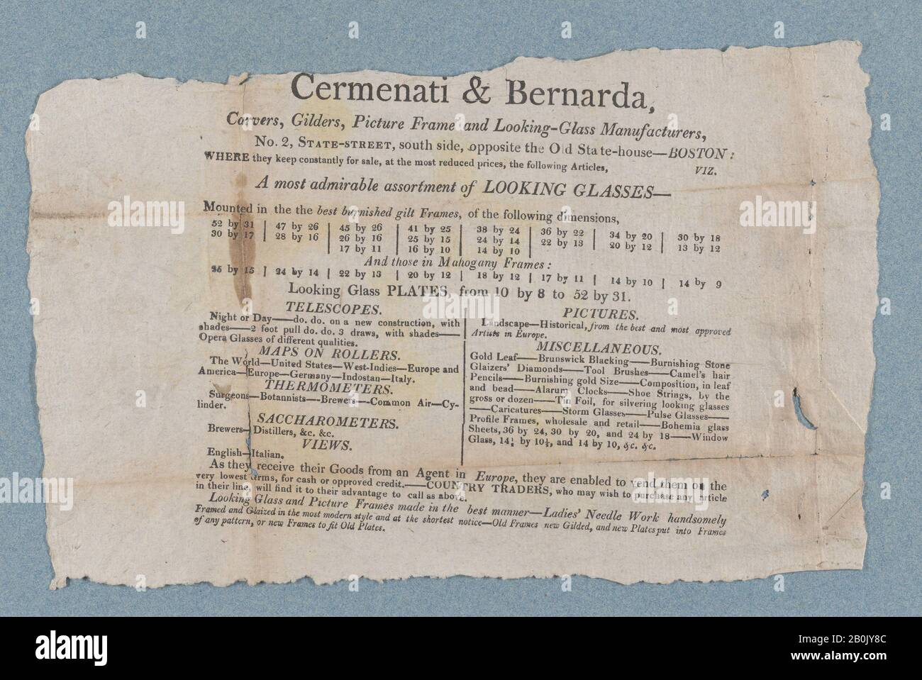 Cermenati & Bernarda, Printed Advertisement, 1805–8, Letterpress, sheet (irregular): 6 9/16 x 10 5/8 in. (16.7 x 27 cm Stock Photo