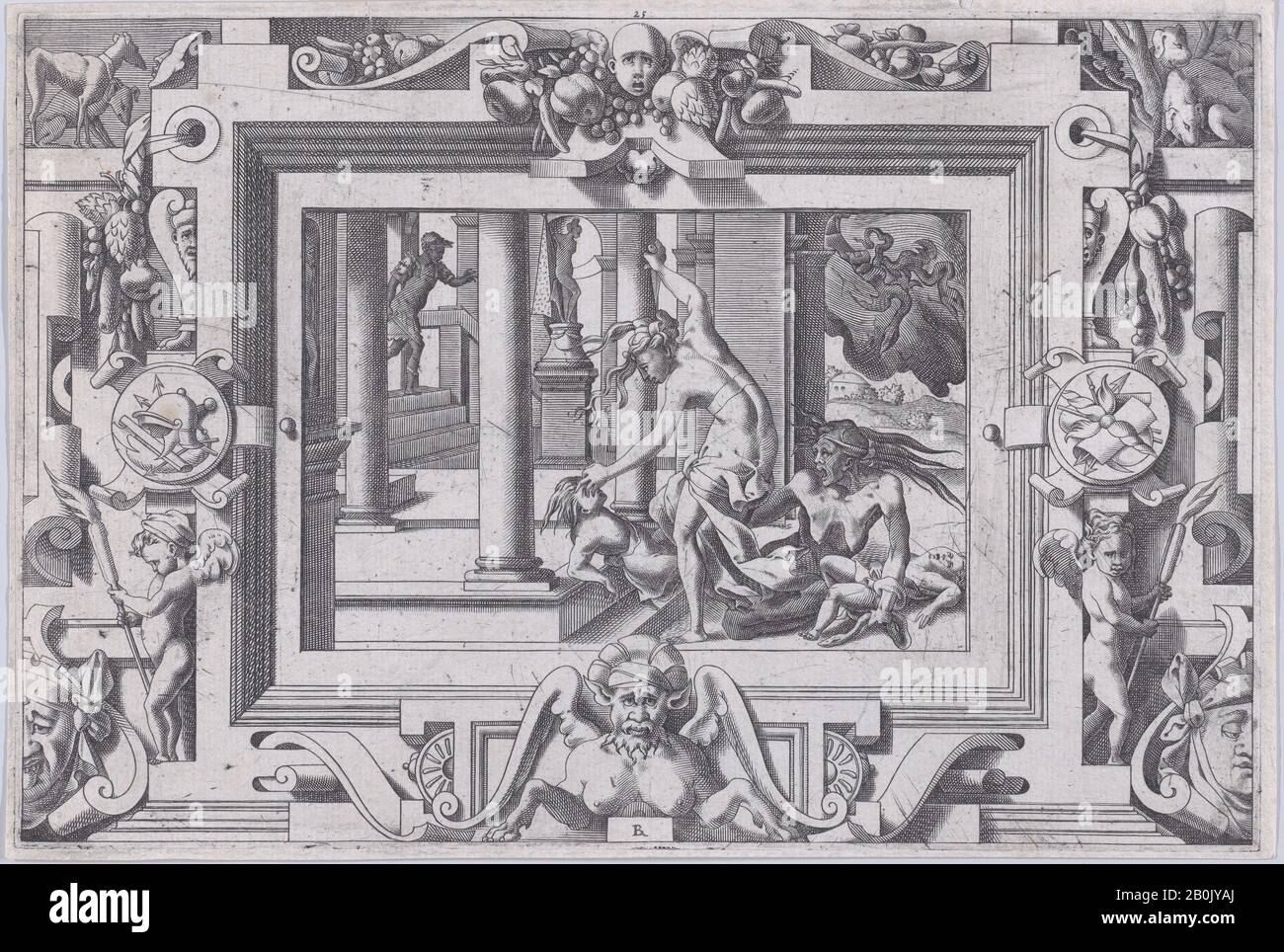 René Boyvin, Medea Kills Her Two Children by Jason (Pour qui d'Absyrte a le sang repandu, fait que du sien le tort lui soit rendu, ), Jason and the Golden Fleece (Livre de la Conqueste de la Toison d'or par le Prince Jason de Tessalie), René Boyvin (French, Angers ca. 1525–1598 or 1625/6 Angers), After Leonard Thiry (Netherlandish, active Fontainebleau ca. 1536–1550), 1563, Engraving, Sheet: 6 5/16 × 9 3/8 in. (16 × 23.8 cm), Prints Stock Photo