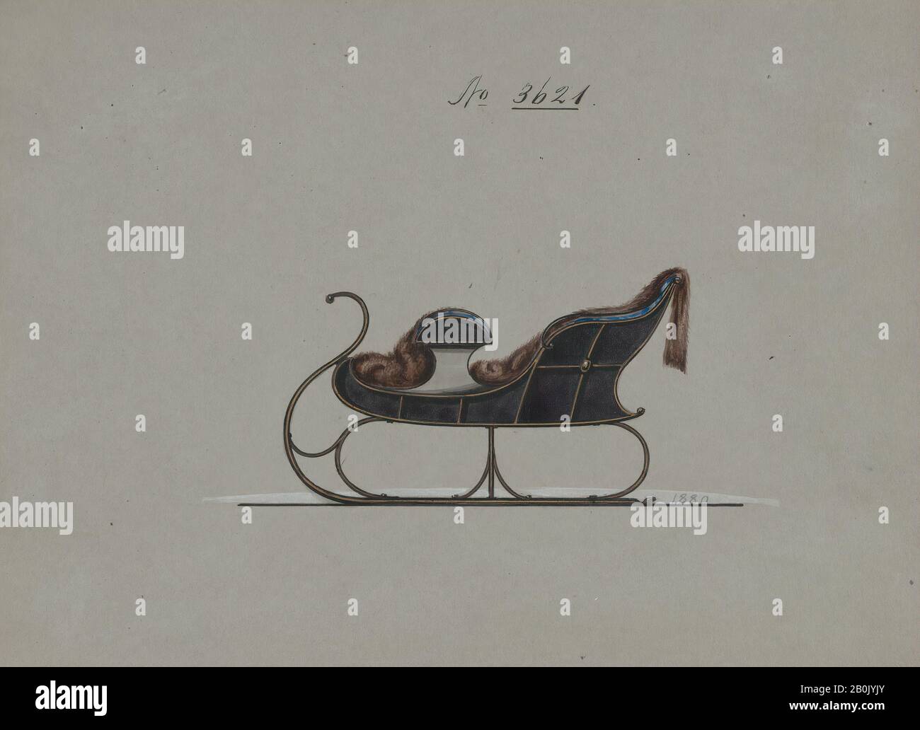 Brewster & Co., Design for 4 Seat Sleigh, no. 3621, Brewster & Co. (American, New York), 1880, Pen and black ink, watercolor and gouache with gum arabic, Sheet: 6 3/4 x 9 1/4 in. (17.1 x 23.5 cm), Drawings Stock Photo