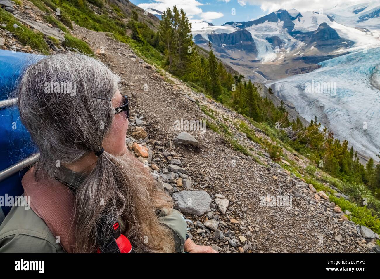 Karen Rentz and Robson Glacier in Mount Robson Provincial Park, British Columbia, Canada Stock Photo