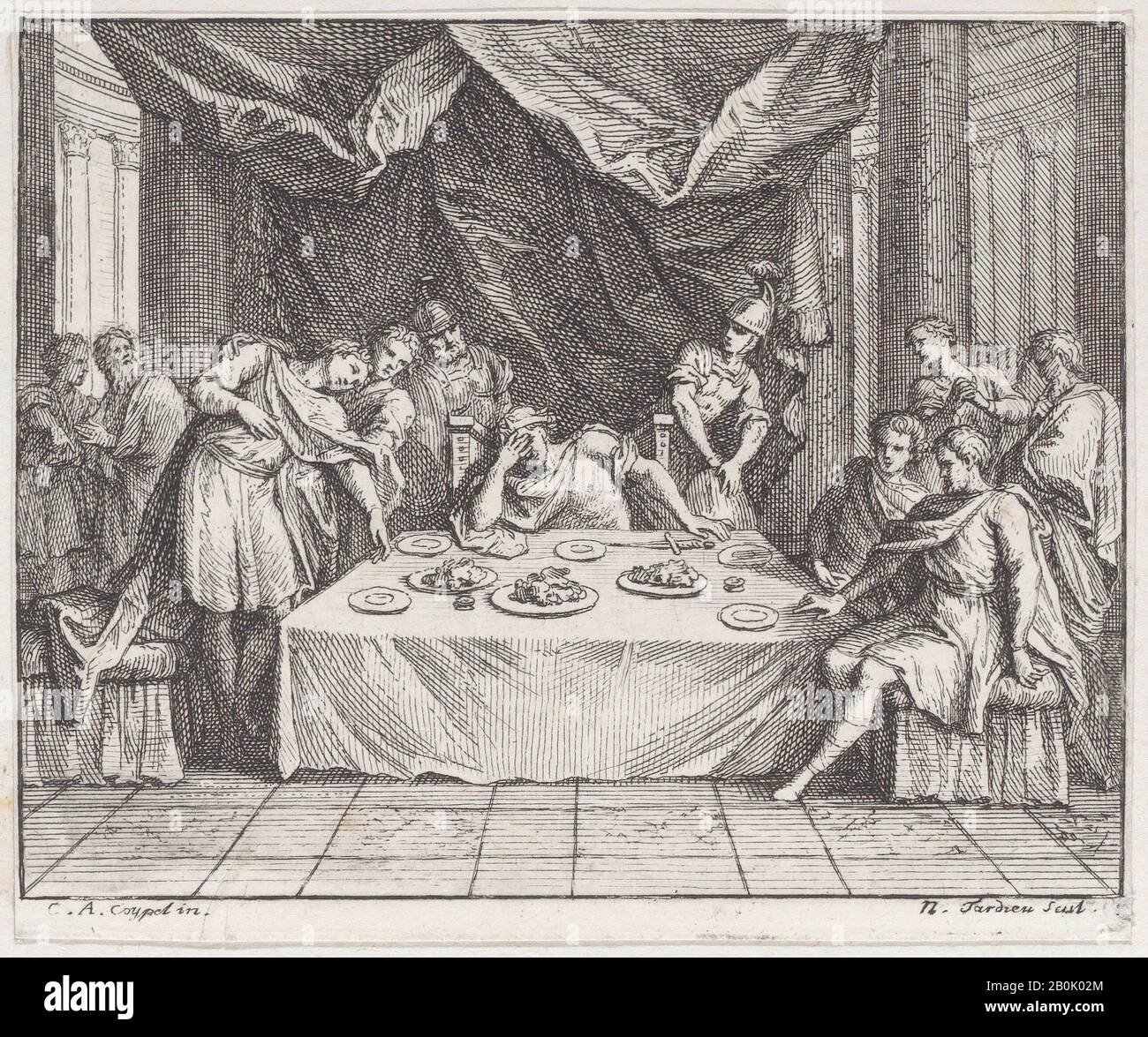Nicolas Henry Tardieu, Book 2, Fable 1: the two oracles (Les deux oracles), Fables Nouvelles, Nicolas Henry Tardieu (French, Paris 1674–1749 Paris), After Charles Antoine Coypel (French, Paris 1694–1752 Paris), Jean de La Fontaine (French, Château-Thierry 1621–1695 Paris), Lamotte-Houdar (French, 1672–1731), 1719, Etching and engraving, Sheet (Trimmed): 3 1/8 × 3 13/16 in. (8 × 9.7 cm), Prints Stock Photo