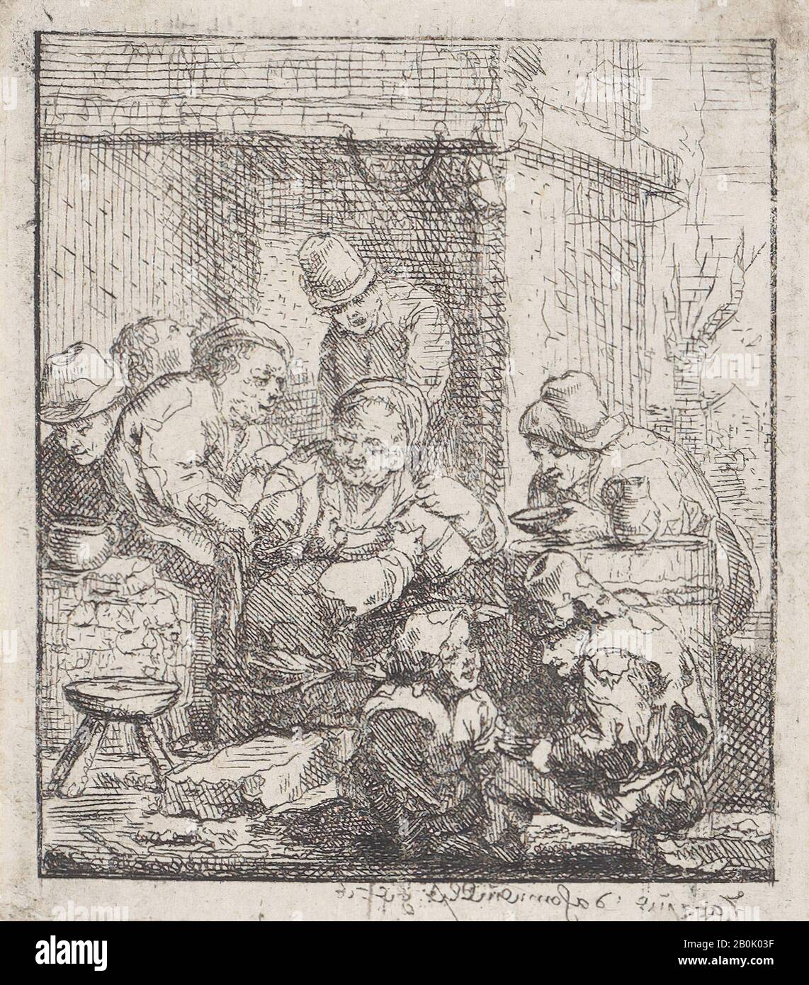 Jacques Dassonville, Dispute over a jug of beer, Jacques Dassonville (French, ca. 1619–ca. 1670), ca. 1640–70, Etching, Sheet (Trimmed): 2 11/16 × 2 3/8 in. (6.9 × 6.1 cm), Prints Stock Photo