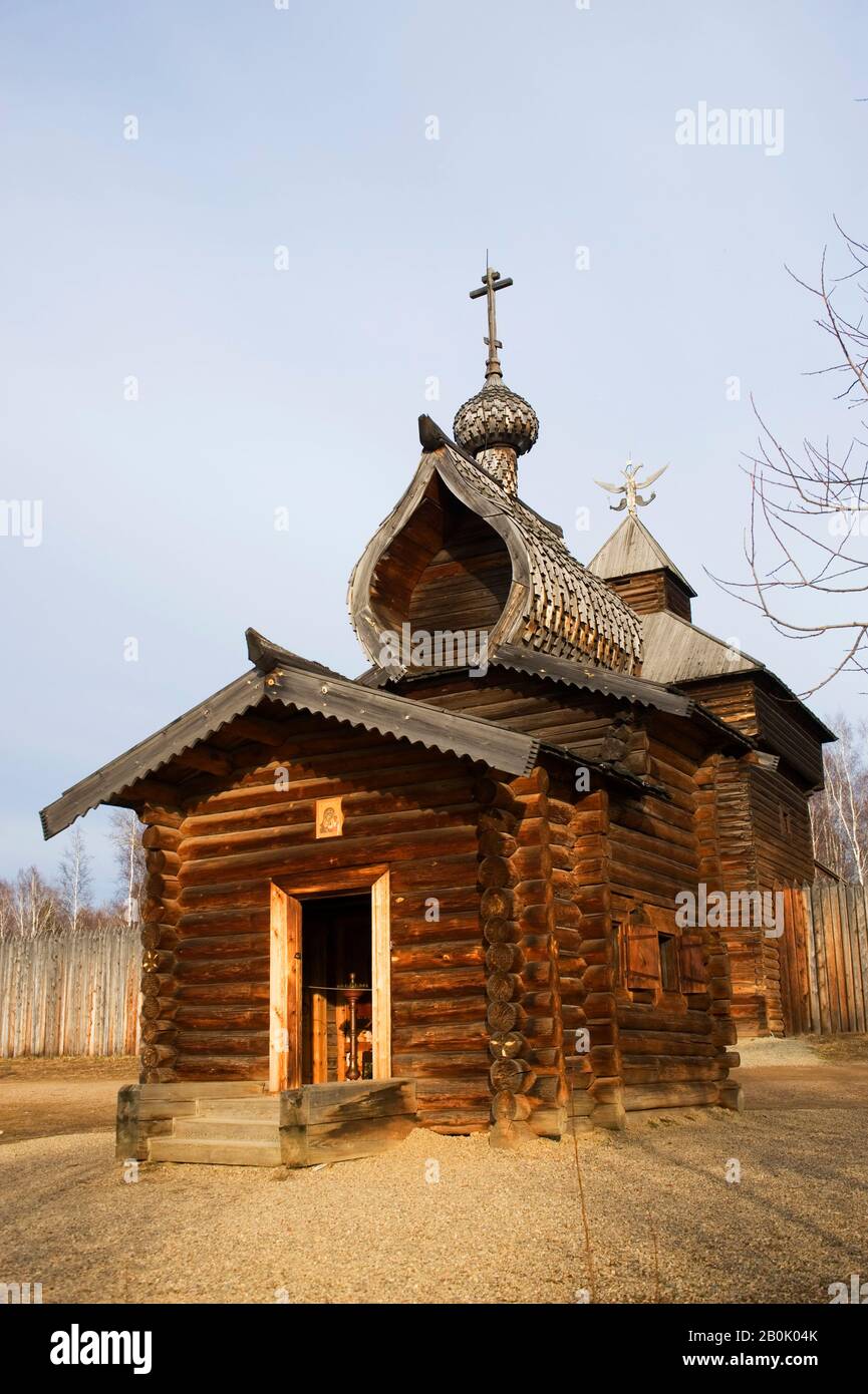 RUSSIA, SIBERIA, NEAR IRKUTSK, TALTSY OPEN-AIR MUSEUM OF WOODEN ARCHITECTURE, CHURCH Stock Photo