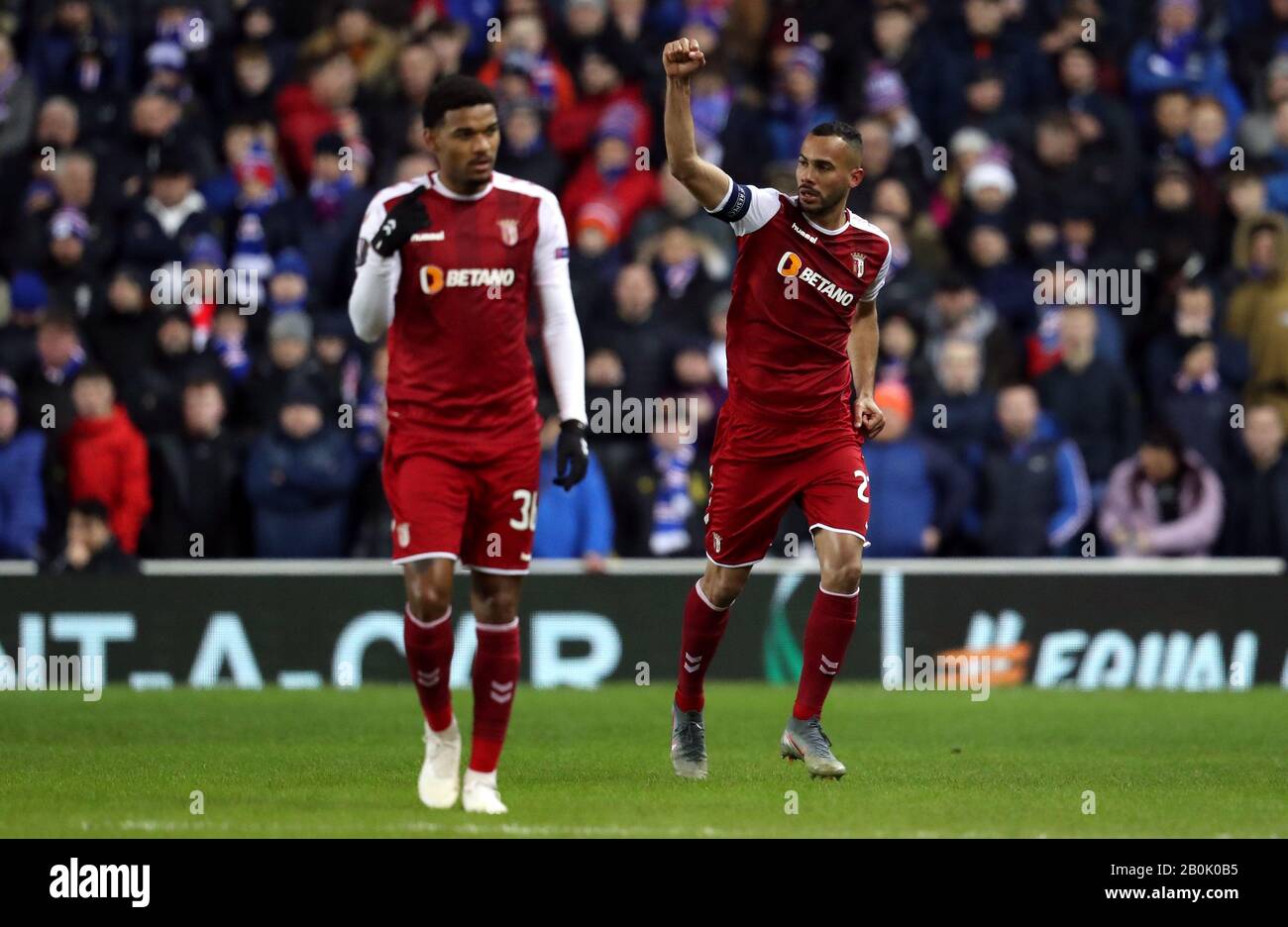 Sporting Braga S Barbosa Fransergio Right Celebrates Scoring His Side S First Goal Of The Game During The Uefa Europa League Round Of 32 First Leg Match At Ibrox Stadium Glasgow Stock Photo Alamy