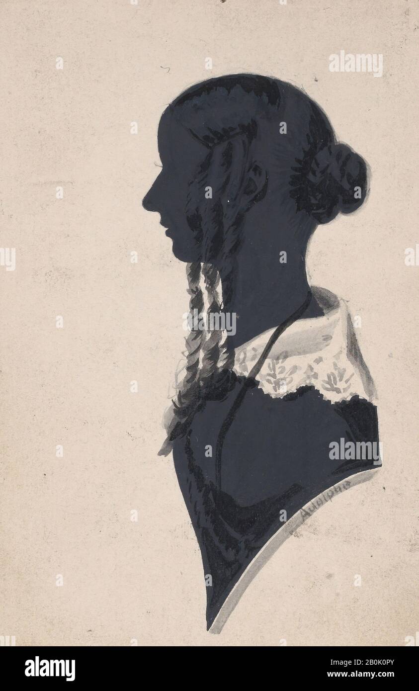 Edgar Adolphe, Silhouette of an unknown girl with braids, in profile to the left, Edgar Adolphe (British, ca. 1808–1890 Dublin), 1830–90, Pen and ink, Sheet: 4 7/16 × 2 15/16 in. (11.3 × 7.5 cm Stock Photo