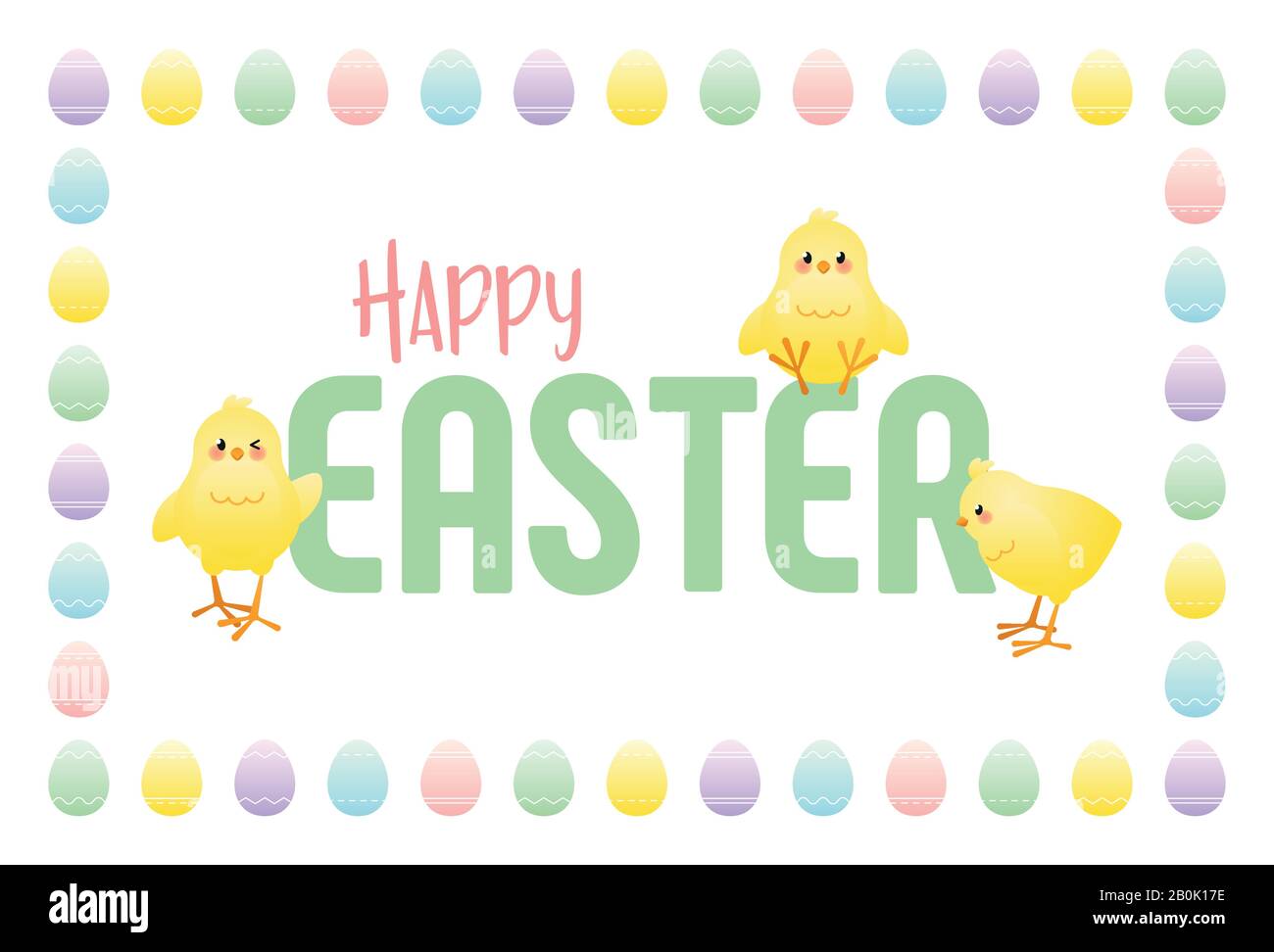 Happy Easter. Greeting card with cute chicks and frame of colored eggs ...