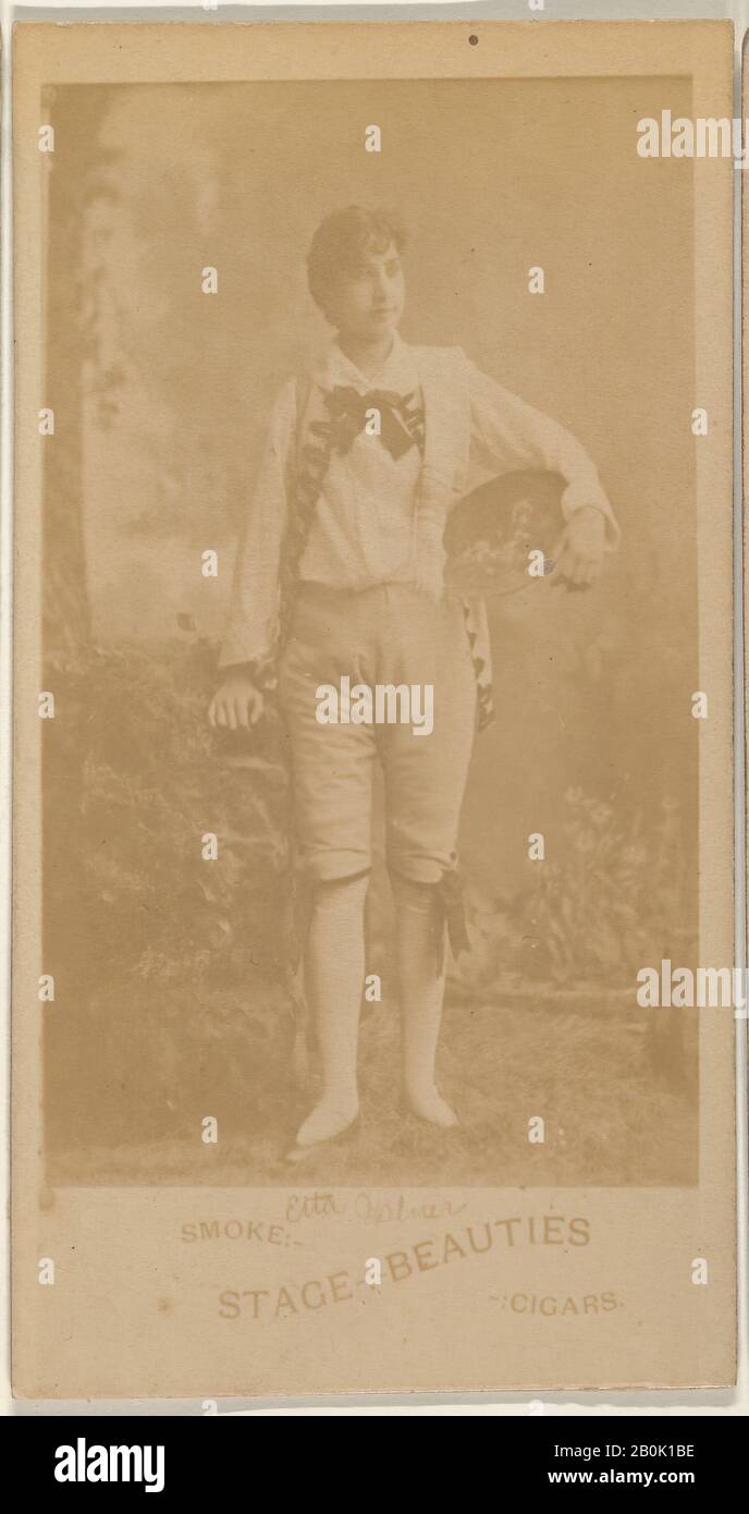 Actress standing with hat on hip, from the Actresses series (N666) to promote Stage Beauties Cigars, ca. 1888, Albumen photograph, Sheet: 4 in. × 2 1/16 in. (10.1 × 5.2 cm Stock Photo