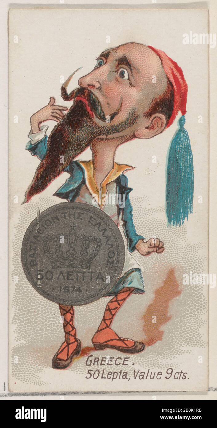 Issued by W. Duke, Sons & Co., Greece, 50 Lepta, from the series Coins of All Nations (N72, variation 1) for Duke brand cigarettes, 1889, Commercial color lithograph, Sheet: 2 3/4 x 1 1/2 in. (7 x 3.8 cm Stock Photo