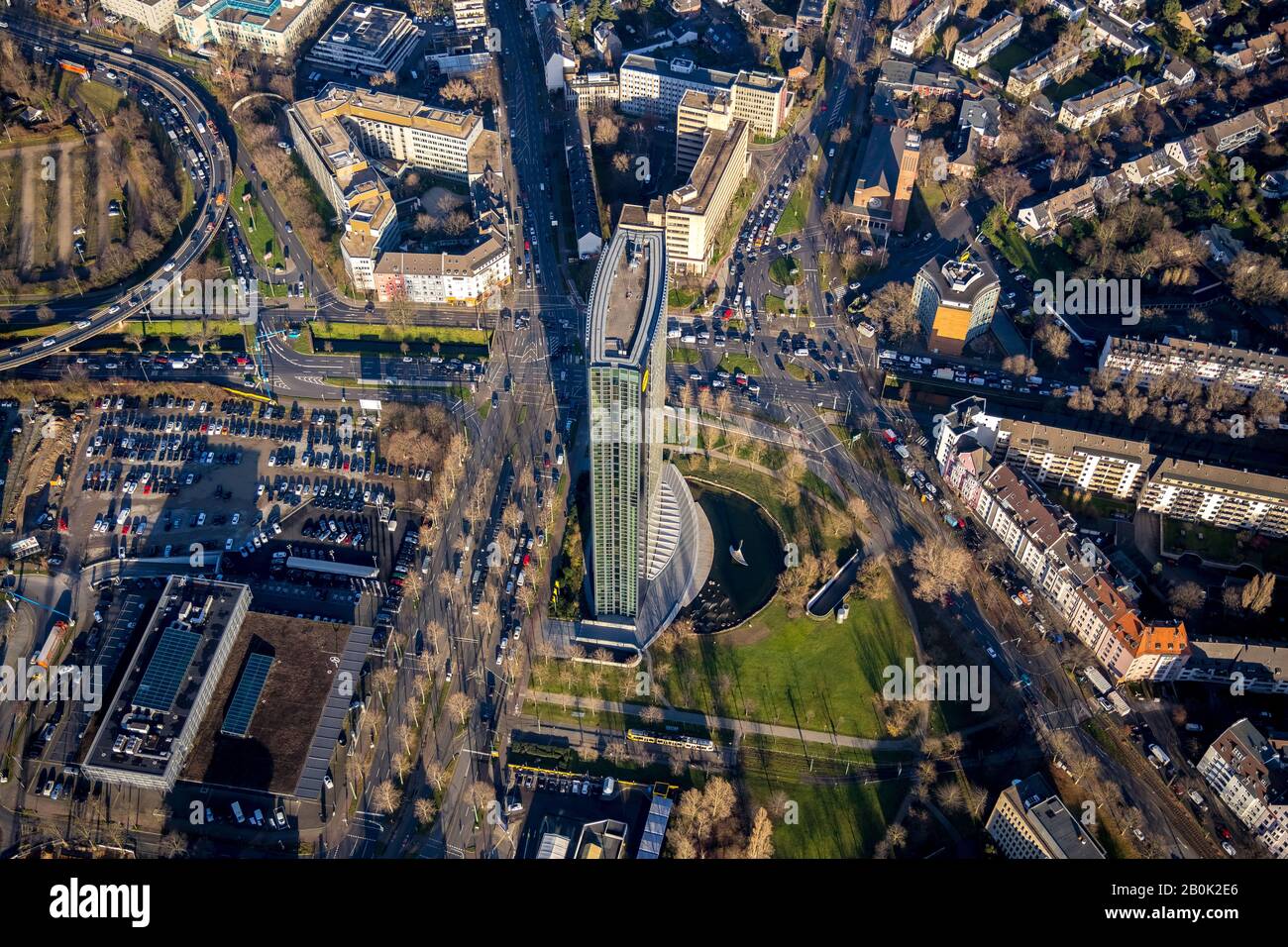 Aerial photograph, ARAG Tower, Mörsenbroicher Ei, Düsseldorf, Rhineland, North Rhine-Westphalia, Germany, ARAG Service Center, ARAG-Platz, ARAG-Versic Stock Photo