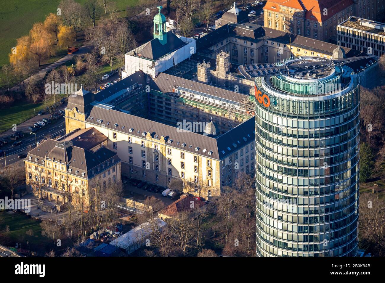 Aerial photograph, Victoria House, also known as Victoria Tower or Ergo Tower, Düsseldorf district government, renovation work, Düsseldorf, Rhineland, Stock Photo
