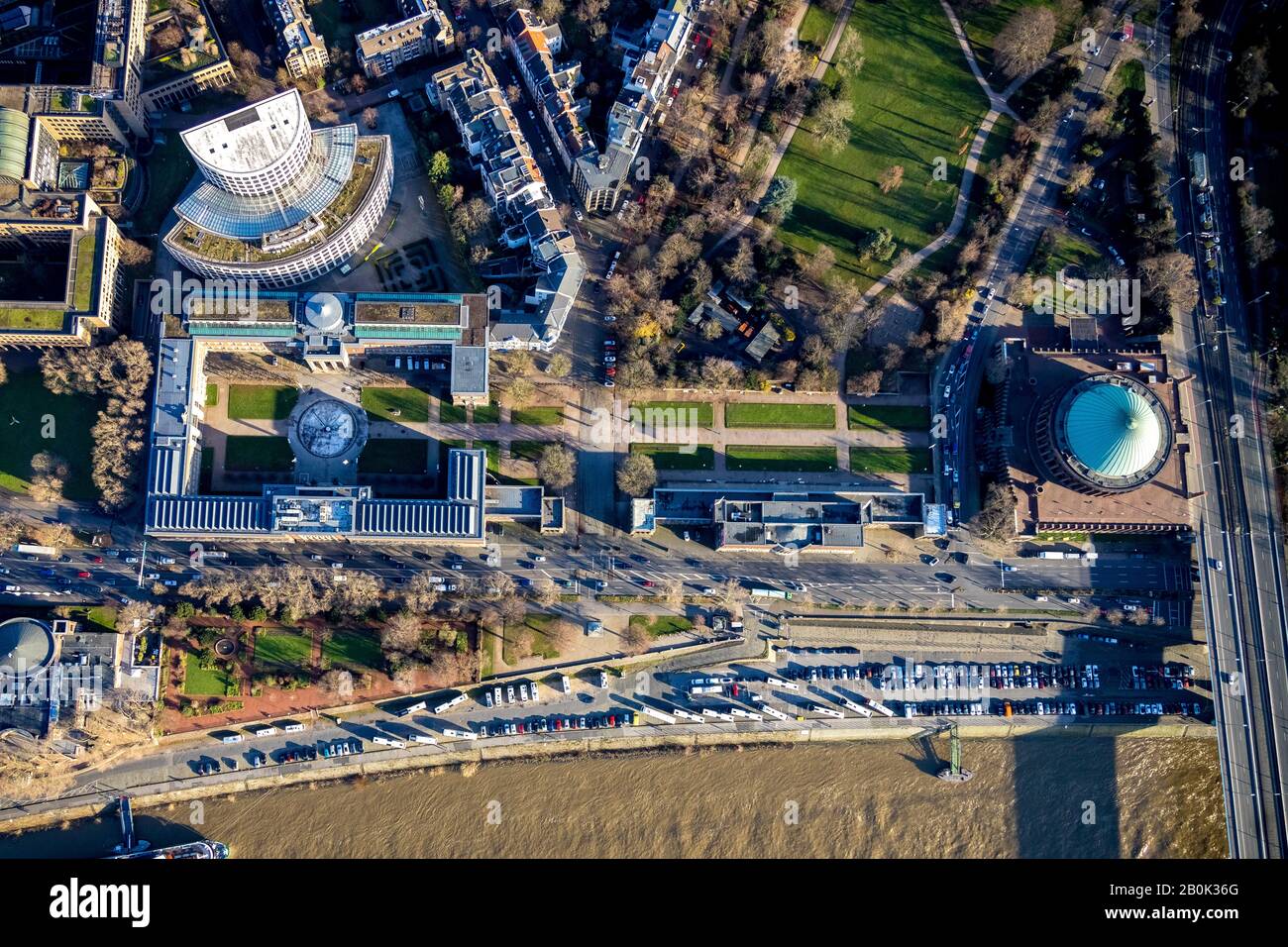aerial photo, museum Kunstpalast, Ehrenhof, Tonhalle concert hall, Uniper office building, river Rhine, Düsseldorf, Rhineland, North Rhine-Westphalia, Stock Photo