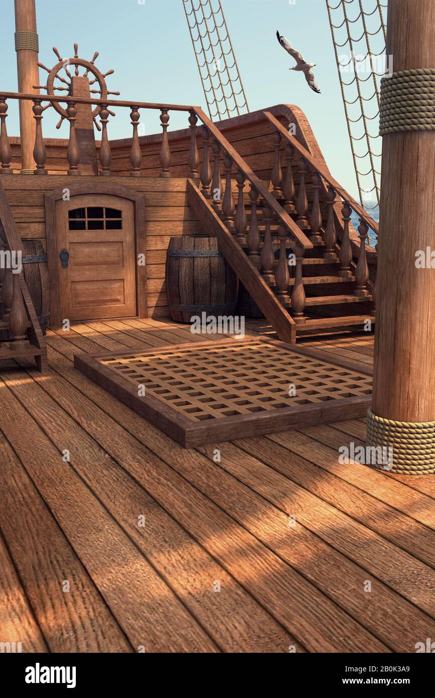 Outside of pirate old ship. Daylight view of ship background. 3d illustration of deck of a pirate ship. Mixed media. Stock Photo