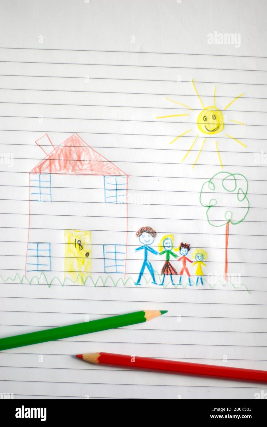 Colored pencil drawing of sunny family in the yard of their perfect