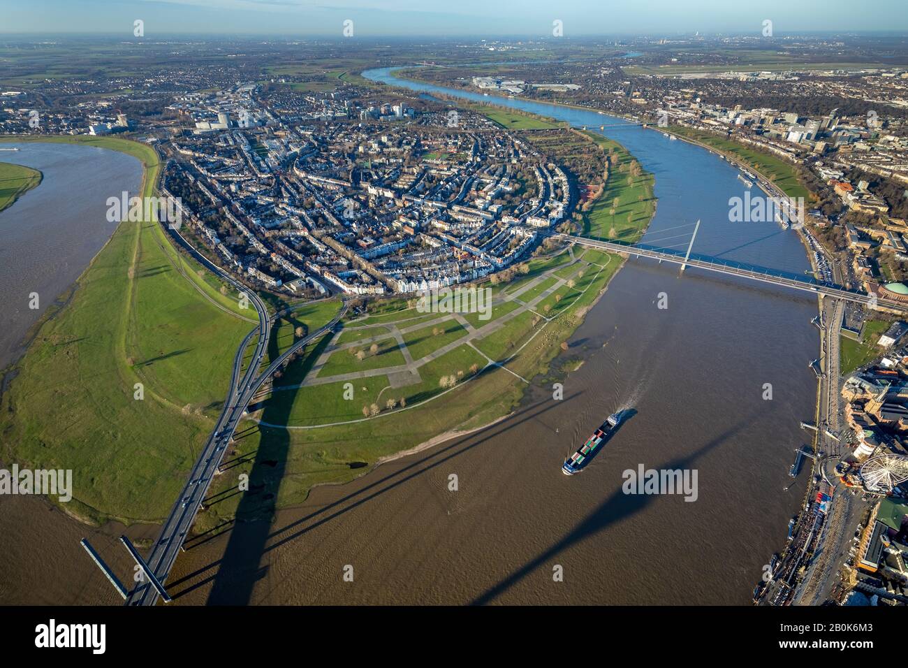 Aerial view, Oberkassel, Oberkasseler Bridge, Rhine-Knee Bridge, River Rhine, Düsseldorf, Rhineland, North Rhine-Westphalia, Germany, inland navigatio Stock Photo