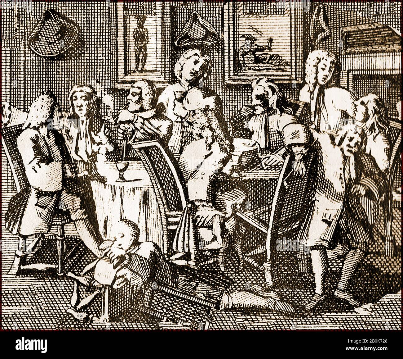 18th century engraving - Richard Lee at the 'Golden Tobacco Roll' in Panton Street,near Leicester Fields, London UK (after  an engraving attributed to  William Hogarth). The design was used in a trade card for Richard Lee,  the tobacconist in the 1700s Stock Photo