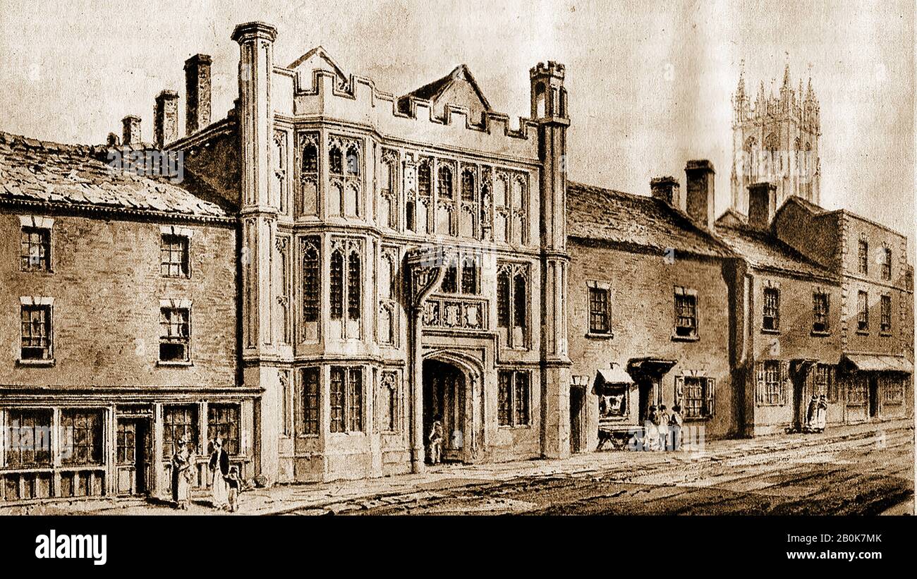 An historic print of the George Inn, (aka George Hotel and Pilgrims' Inn and anciently, simply the Pilgrims Inn,) Glastonbury, Somerset, UK as it was in the late 1700's. It was  originally built in the late 15th century as a hospice and to accommodate visitors to Glastonbury Abbey.  In 1658 the property was divided and a horsemill installed in one part to  to grind malt, whilst the other section was used for meetings and gatherings. It is a Grade I listed building. Stock Photo