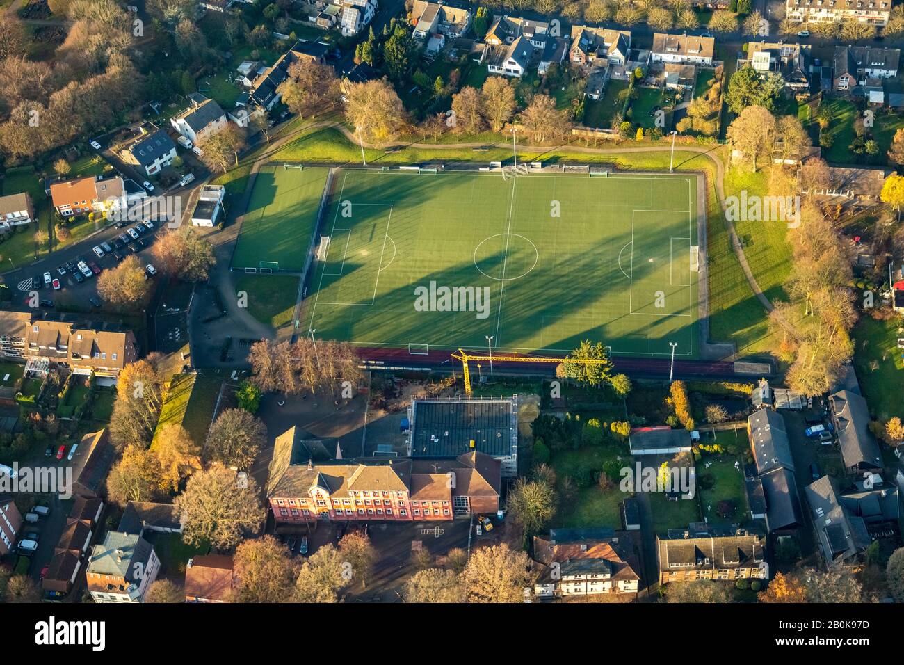 Aerial view, construction site, extension, Josefschule catholic elementary school, sports field, Gladbeck, Ruhr area, North Rhine-Westphalia, Germany, Stock Photo
