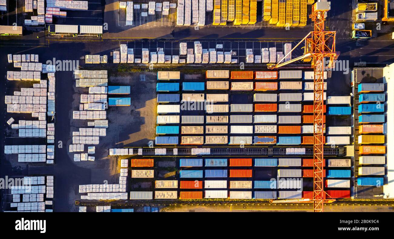 Aerial photograph, Rockwool, insulation material production, Industrial Park Ellinghorst, Bottroper Straße, crane, container, logistics, , Gladbeck, R Stock Photo