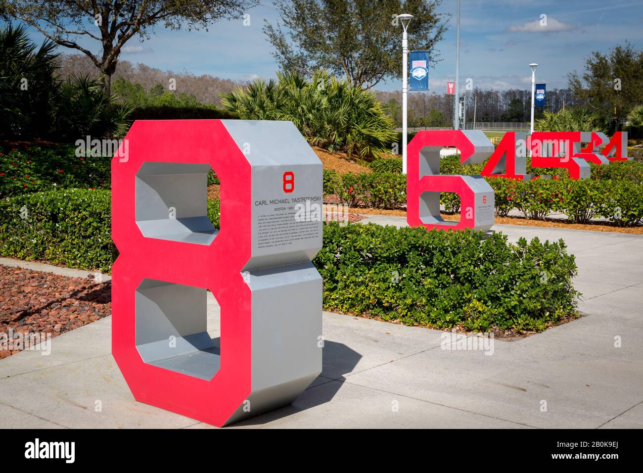 Retired numbers of past players for the Boston Red Sox at JetBlue Park - Red Sox spring training facility, Ft Myers, Florida, USA Stock Photo