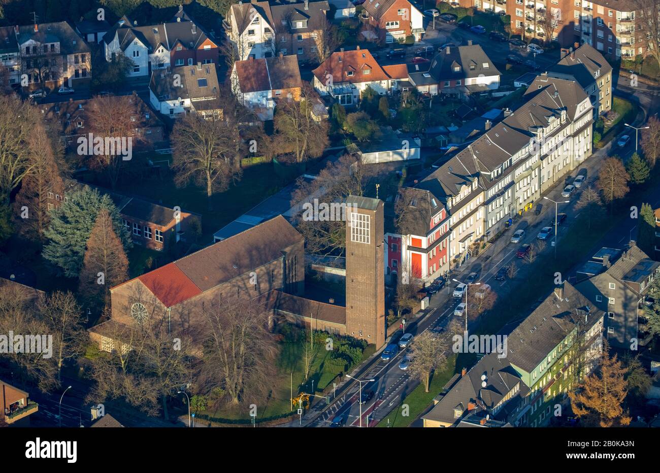 Aerial photograph, Church St. Johannes, Bülser Straße, Buersche Straße, Gladbeck, Ruhr Area, North Rhine-Westphalia, Germany, Trees, DE, Europe, Relig Stock Photo
