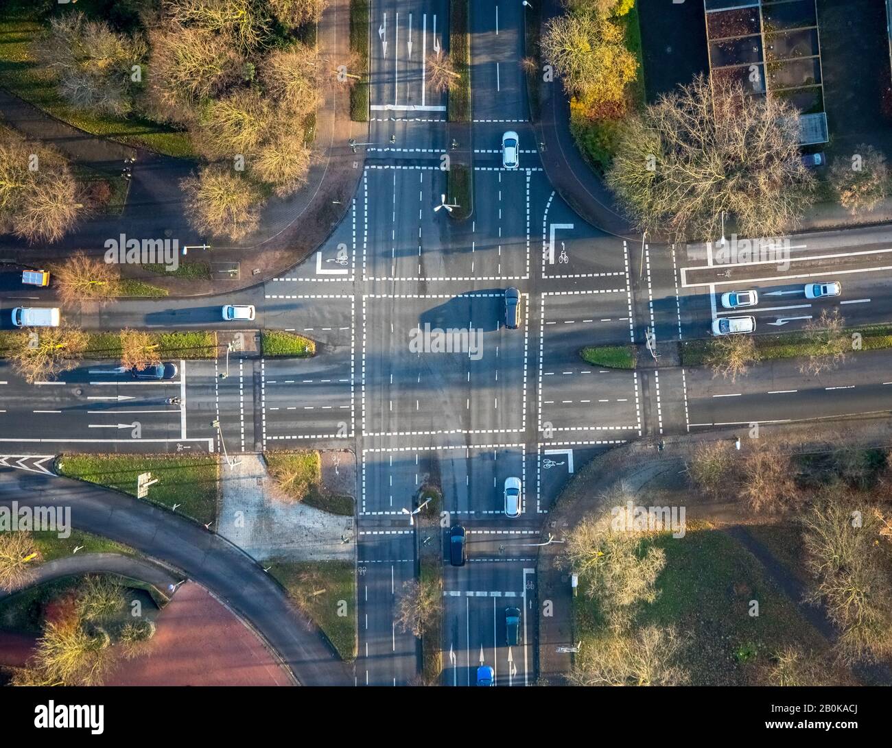 Aerial photograph, road junction, road marking, traffic, Gladbeck, Ruhr area, North Rhine-Westphalia, Germany, greenery, trees, DE, Europe, shapes and Stock Photo
