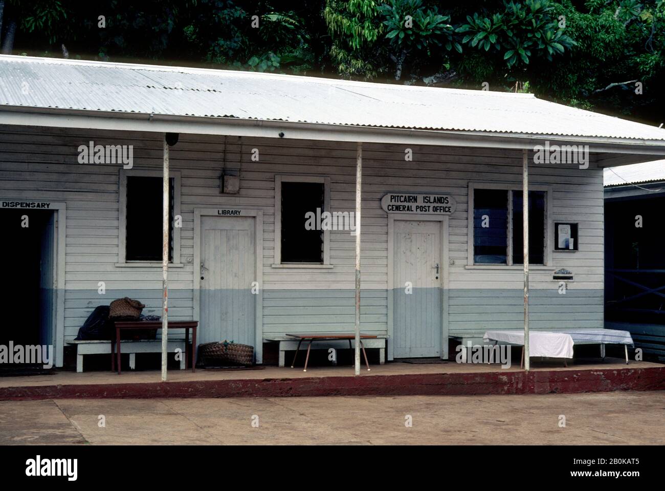 PITCAIRN ISLAND,VILLAGE, TOWN SQUARE WITH DISPENSARY AND LIBRARY AND