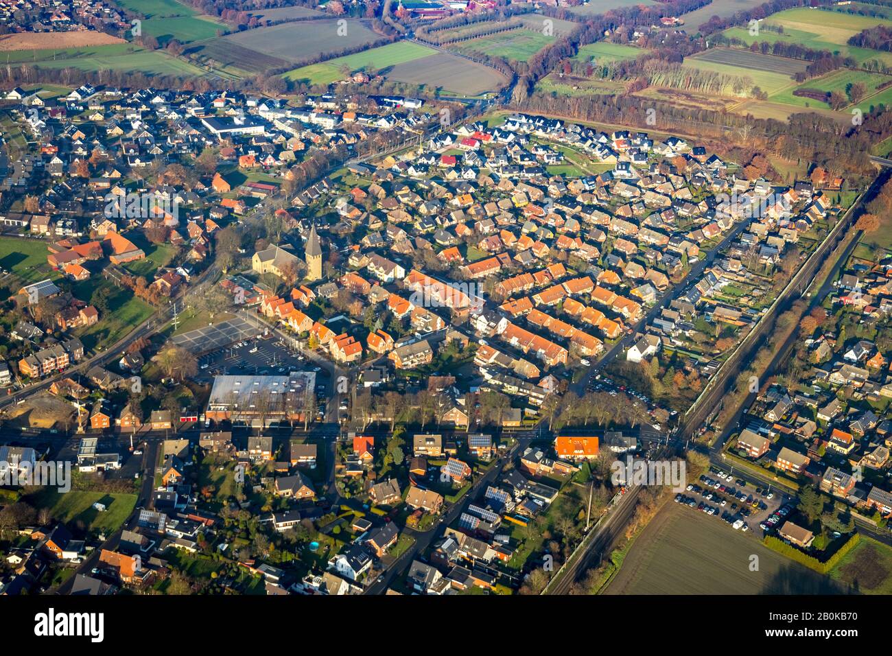 Aerial view, Village view, Church St. Joseph, District Sythen, Haltern am See, Ruhrgebiet, North Rhine-Westphalia, Germany, An der Kirche, DE, Village Stock Photo