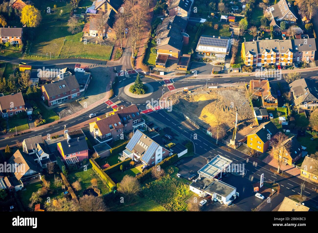 Aerial photograph, roundabout in Sythen, construction site Thiestraße and Hellweg, Haltern am See, Ruhr area, North Rhine-Westphalia, Germany, constru Stock Photo