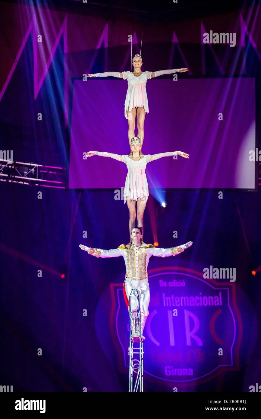 GIRONA, SPAIN - FEBRUARY 17: Russian artists perform 'The Ladder' led by A. Voloshanin during 'Elefant d'Or' International Circus Festival at Parc de Stock Photo