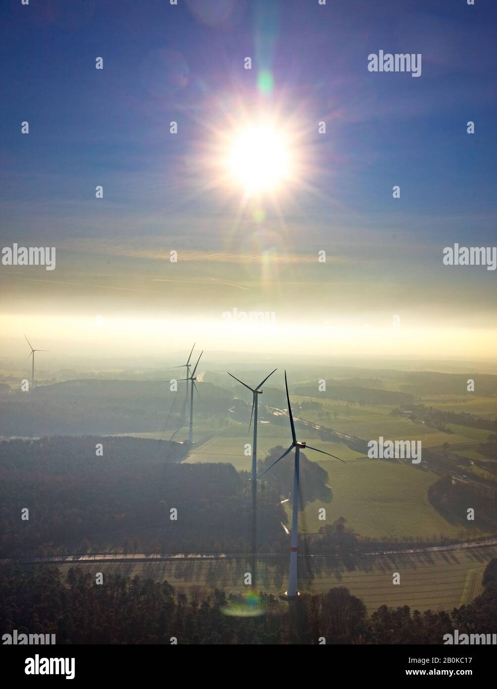 aerial photograph, wind turbines backlit, Hohe Mark Nature Park, Haltern am See, Ruhr area, North Rhine-Westphalia, Germany, DE, Europe, hilly landsca Stock Photo