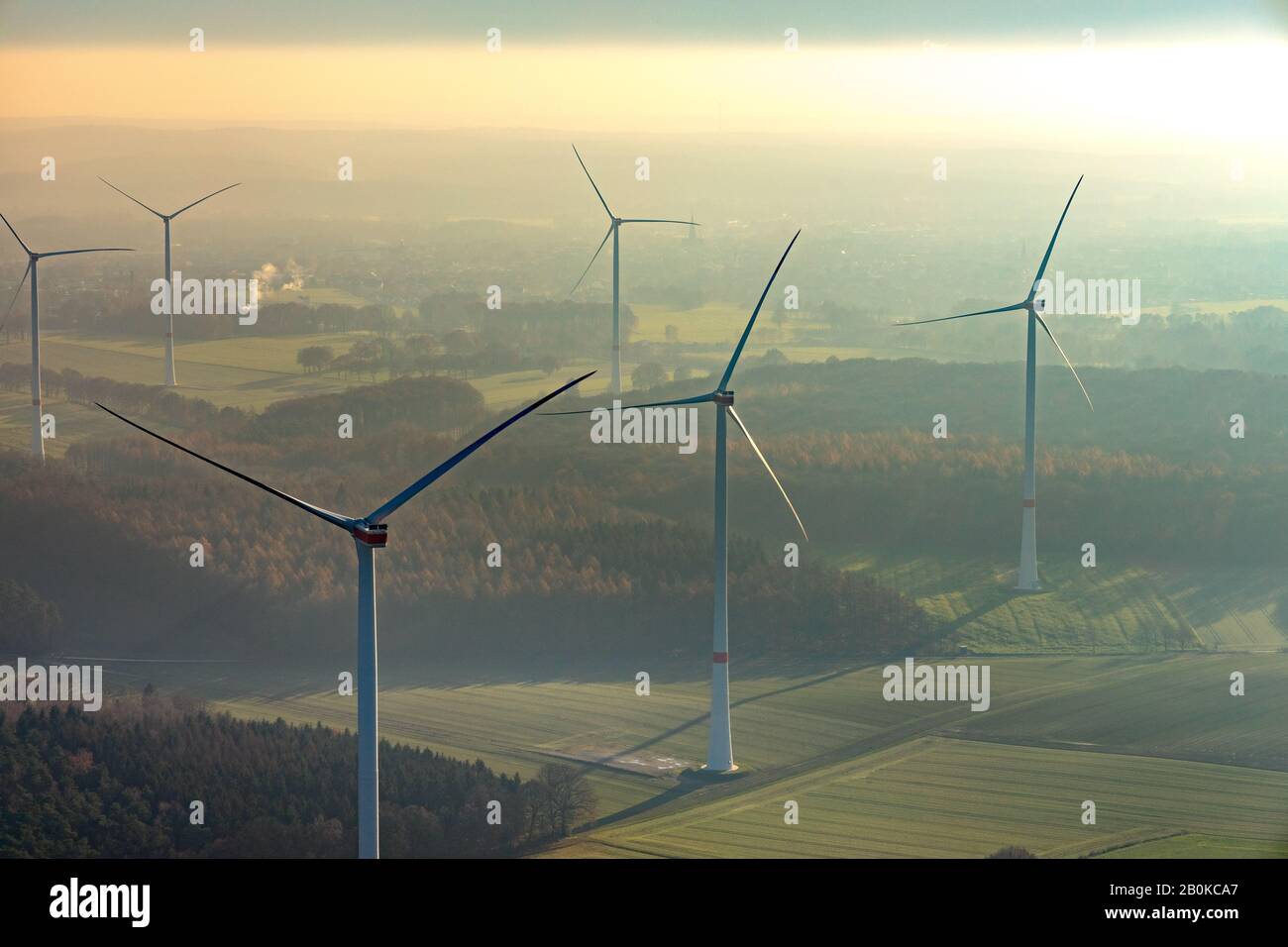 Aerial photograph, wind turbines backlit, Hohe Mark Nature Park, Haltern am See, Ruhr area, North Rhine-Westphalia, Germany, DE, Europe, distant view, Stock Photo