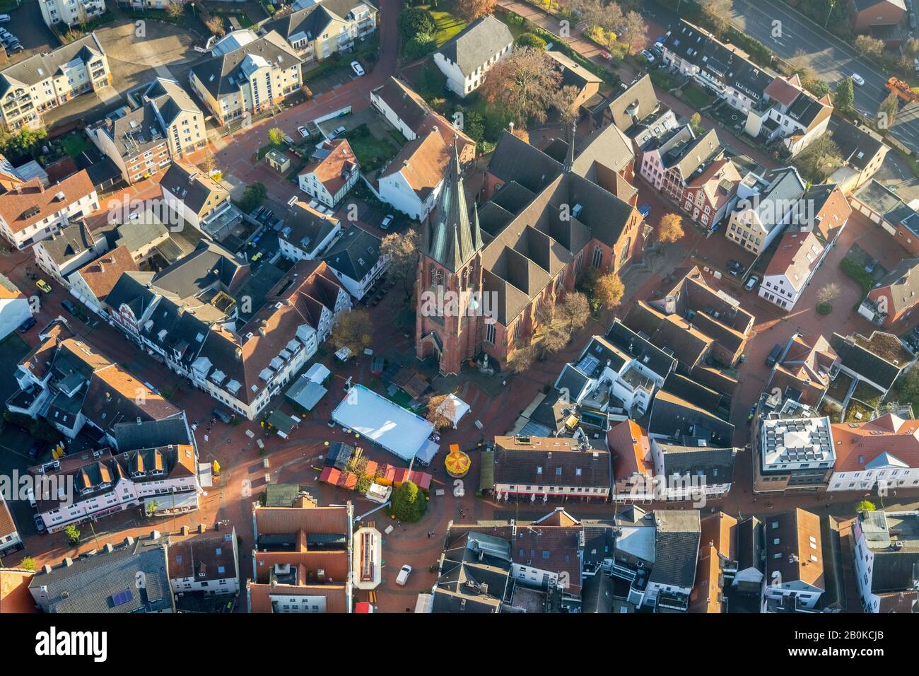 Aerial view, St. Sixtus church, market, ice rink, Christmas market, downtown view old town, historical buildings, Haltern am See, Ruhr area, North Rhi Stock Photo