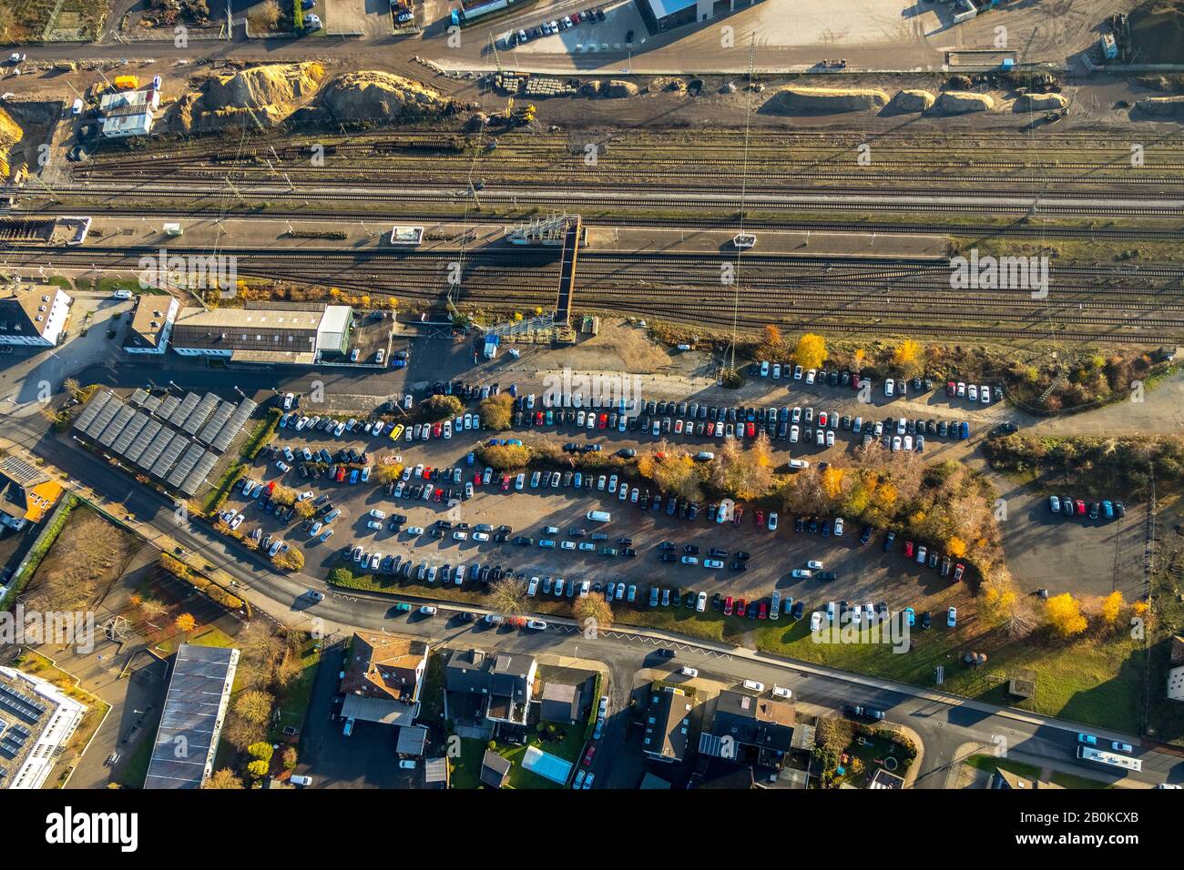 Aerial view, construction work in the track area,Park and Ride parking lot new building, railway underpass Haltern station, S-Bahn station, Haltern am Stock Photo
