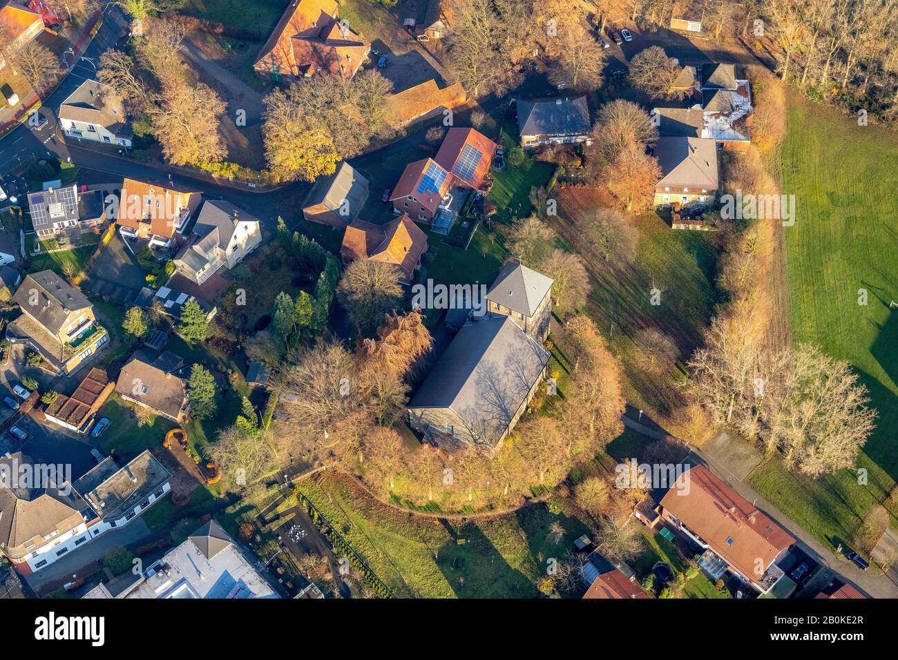 Aerial photograph, Lippramsdorf district, St. Lambertus church in a circle of trees, Haltern am See, Ruhr area, North Rhine-Westphalia, Germany, DE, E Stock Photo
