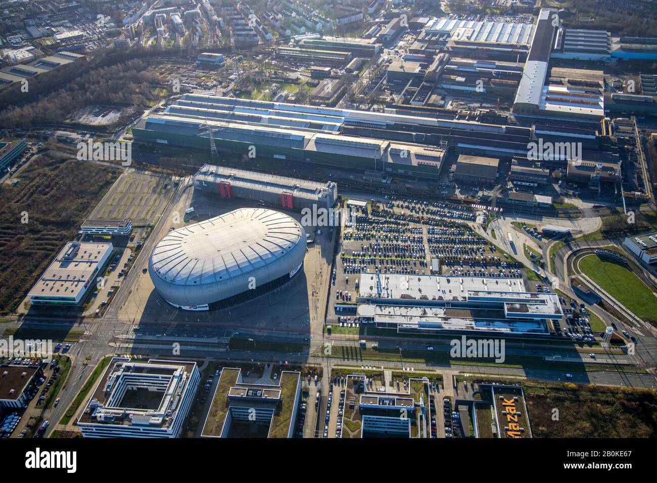 Luftbild, ISS Dome, Multifunktionshalle, Düsseldorf, Rheinland, Nordrhein-Westfalen, Deutschland, DE, DEG-Platz, Eishockey, Europa, Luftaufnahme, Luft Stock Photo